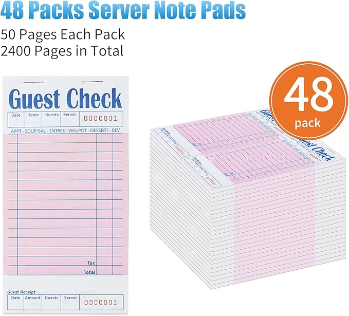 48 Pack Pink Guest Checks Books for Servers Server Note Pads, Waiter Checkbook, Waitress Notepad for Restaurants, Paper Checks 50 Sheets/Pack, 300 Total Tickets