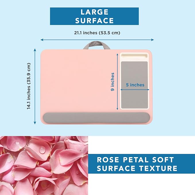 LAPGEAR Home Office Pro Lap Desk – Pink, Fits 15.6” Laptops | Built-In Mouse Pad & Phone Slot, Wide Cushioned Wrist Rest, Dual-Bolster Microbead Cushion, Carry Handle