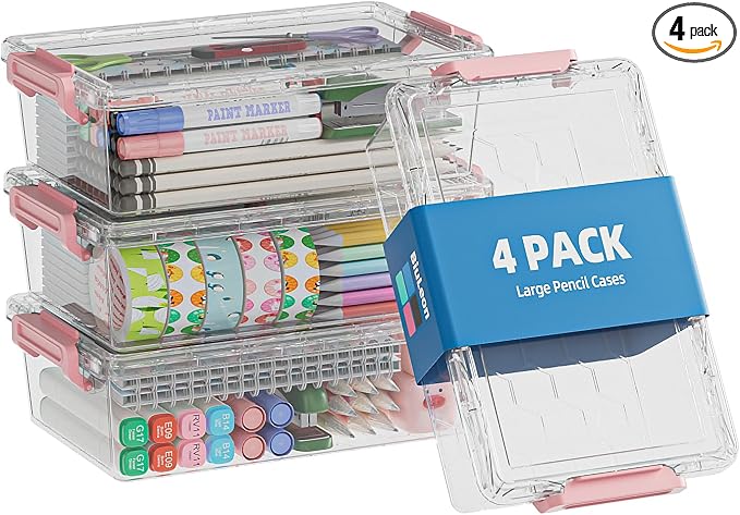 BiuLeon 4 Pack Extra Large Pencil Box, Plastic Pencil Case Organizer, Clear Crayon Box Marker Organizer, Stackable Craft Organizers and Storage for Pen, Craft, Art Supply(Pink)