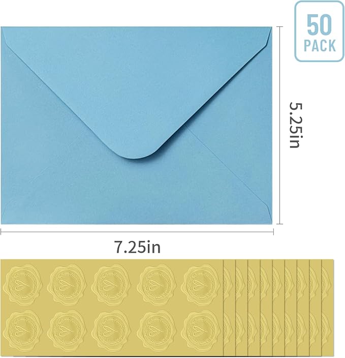 50 PCS Blue Colorful A7 Envelopes, 5x7 Envelopes for Invitations | 5x7 Envelopes with Stickers, V Flap, card envelopes, for Invitations, Wedding Invitation, Birthday, Baby Shower, Graduation