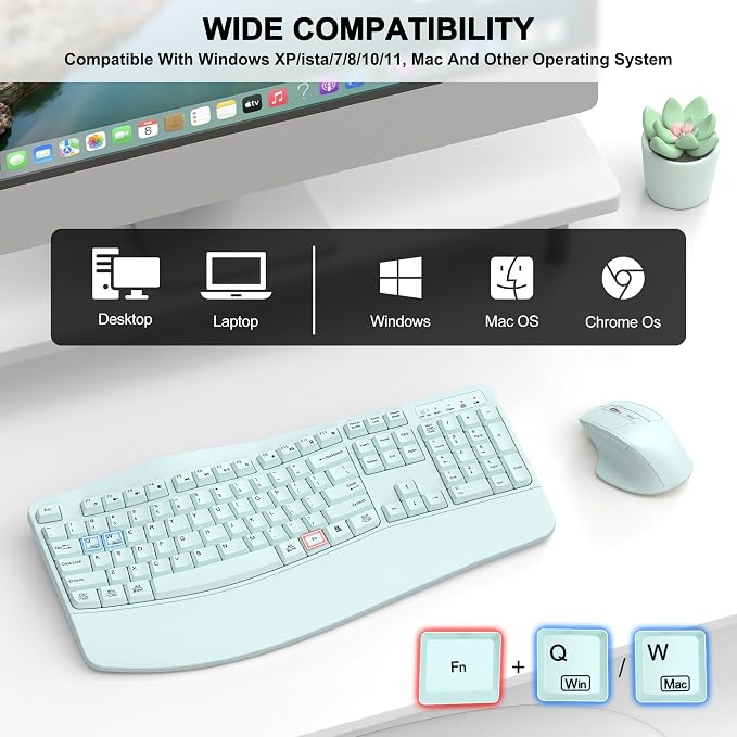 Wireless Keyboard and Mouse Combo, 2.4G Ergonomic Wave Key(Mint Green) | Full Size Wave Keyboard with Wrist Rest, 3-Level DPI Adjustable Ergonomic Mouse for Windows and Mac OS Desktop/Laptop/PC
