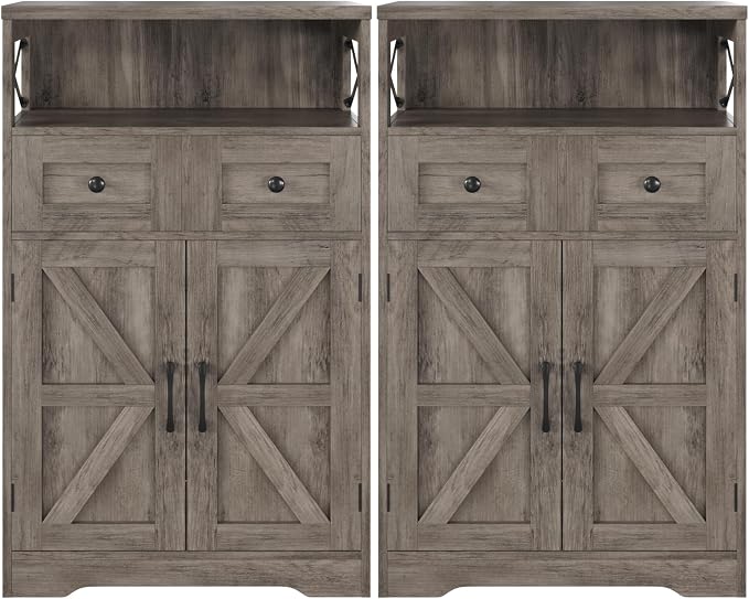 Farmhouse Storage Cabinet Set of 2, Small Kitchen Pantry Coffee Bar Cabinet | Accent Buffet Cabinet Cupboard, 2 Drawers, Barn Doors & Adjustable Shelves, for Kitchen/Entryway/Bathroom, Rustic Gray