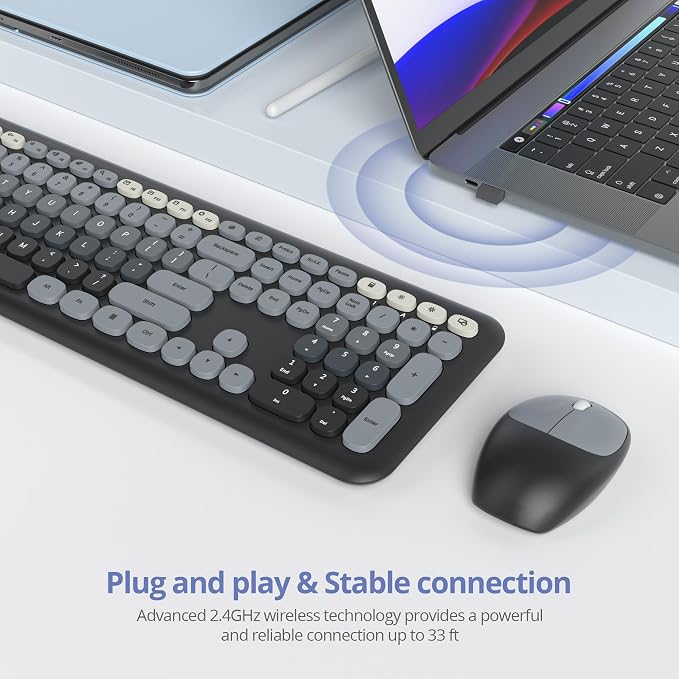 surmen Cute Keyboard and Mouse Wireless, Full-Size Retro Typewriter Wireless Silent Colorful Keyboard Low-Noise 2.4GHz for Home and Office (6-Gradient Dark)