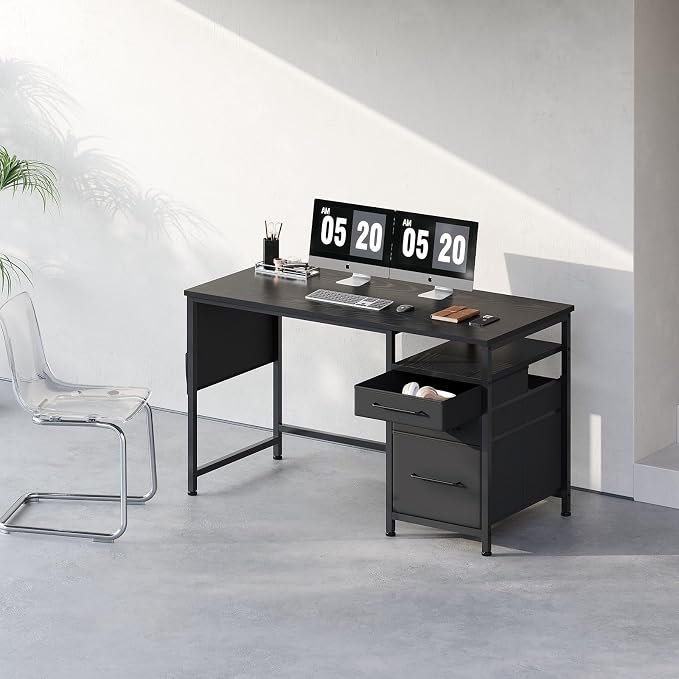 Small Desk with Drawers, Office Desk with Storage Shelves, Black | 47 Inch Desktop, Metal Frame, 3 Fabric Drawers, Storage Shelves, Computer & Writing Desk, Office Gaming Workstation