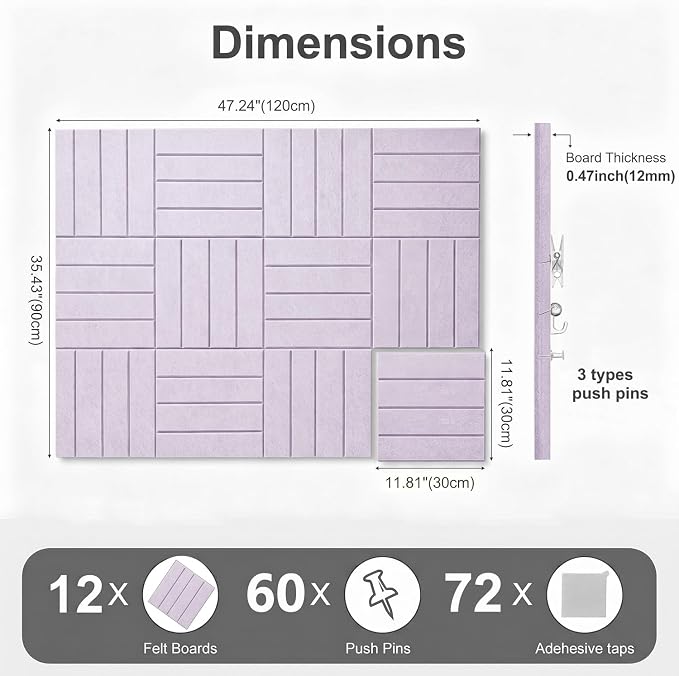 0.47" Thick Felt Wall Tiles 48"x36" Cork Board Alternative 12 Pack 11.81"x11.81"Felt Bulletin Board Pin Board with Removable Adhesive tape&60 Pushpins for Home Office School(Bold-light purple)