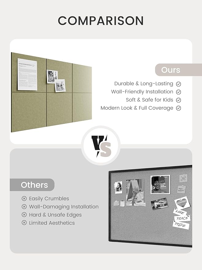 Bumusty Large Cork Board 36" x 24" Alternative - 6 Pack Felt Wall Tiles with 40 Safe Removable Adhesive Tabs, 30 Pushpins, Cork Boards for Walls Pin Board Bulletin Board Office Decor (Olive Green)