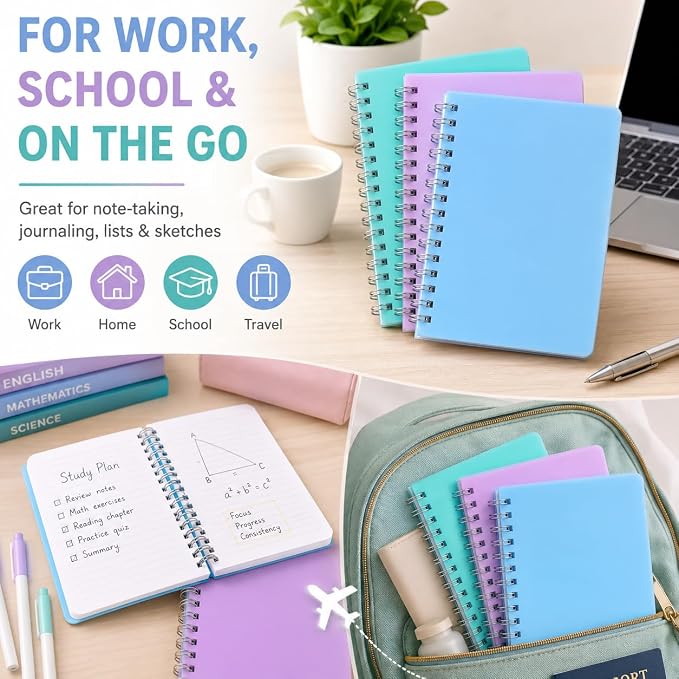 Spiral Notebook, 3 Pack Small Notebooks 4.3''x 5.7'',Mini Ruled Lined Journal, 480 Pages, College School Supplies Pocket Notebook for Work, Aesthetic Gift Office Supplies for Teen Girls,Boys | Cute Mini Notebook with Water Resistant Cover, 480 Pages To...