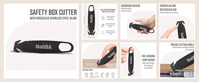 Safety Box Cutter. tksUSA here, your Cutter Stainless, Steel Package Opener. Pack Safety Knife Package Box Opener with Ergonomic Film Cutting Blade for Box, Carton, Shrink Wrap, Plastic Straps