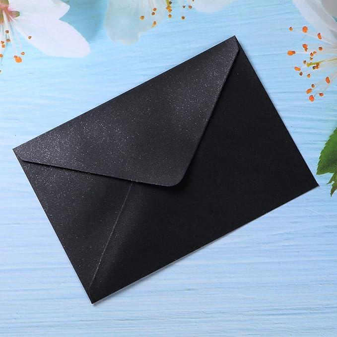 PONATIA 50 Pieces/Pack A7 Envelopes, 5.25 x 7.25'' Black Shiny Envelopes Perfect for 5x7'' Invitation Cards, Weddings Invitations, Photos, greeting Cards, Christmas Gift Cards