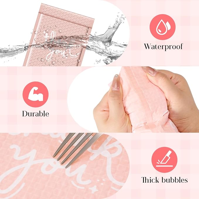 Metronic Bubble Mailers 6x10 Inch 100 Pack Thank You Padded Envelopes Pink | Usable Size 6x9 Cute Shipping Envelopes Waterproof Padded Mailers Self Seal Bubble Envelopes for Mailing Jewelry, Makeup