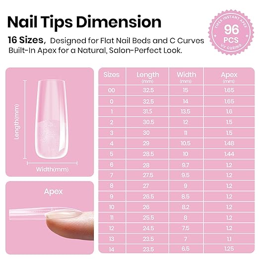 Beetles Tipex Lite Instant Apex Nail Tips, Long Square, 16 Sizes | 00–14, Built-in Apex Acrylic Tips for Flat & Natural Nail Beds, Beginner-Friendly Easy DIY Nail Extensions