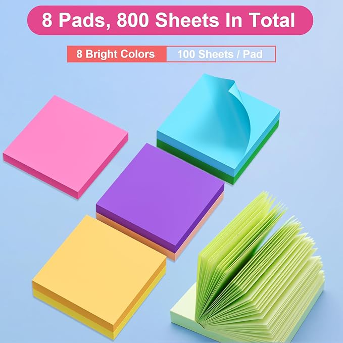 Sticky Notes 3x3 Inch, 8 Pads, 800 Sheets, 8 Bright Colors Sticky Note Pad, Bulk Self-Stick Pads, Home Office School Supplies, Clean Removal, Recyclable, Easy to Post for Notebook, 100 Sheets/Pad