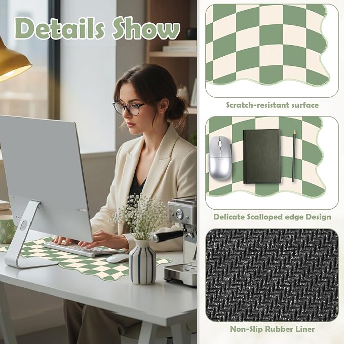 1 Pcs Scalloped Green Checkered Desk Mat 31.5 x 11.8 Inch Large Cute Mouse Pad Computer Mat Non Slip Waterproof Rubber Base with Border Stitching Soft Keyboard Pad for Home Office Gaming Makeup