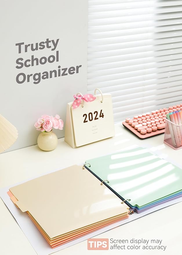 Plastic Folders with Pockets, 3 Hole Punched for 3 Ring Binder, 1/3 Cut Index Tabs for Quick Find, Pastel 6 Pack, Letter Size for School, Colorful Labels