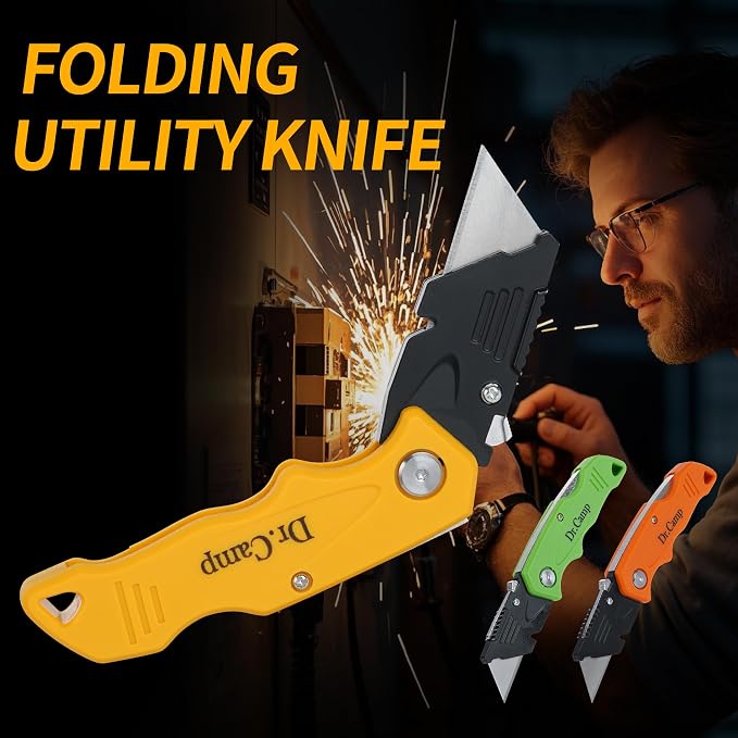 4 Pack Folding Utility Knife Heavy Duty Box Cutter Quick Change Blade Safety Lock Pocket Clip Ergonomic Grip for Home Office Warehouse Navaja Plegable de Trabajo Cuchillo Cortador de Caja