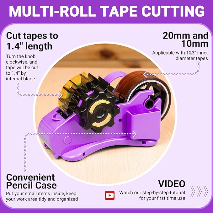 THINKLEARN Heat Tape Dispenser - Sublimation Heat Transfer Tape Dispenser with Scissors and Utility Knife, 1 '' & 3'' Core, Multi-Roll Pre-Cut Tape Dispenser for Crafting, Purple