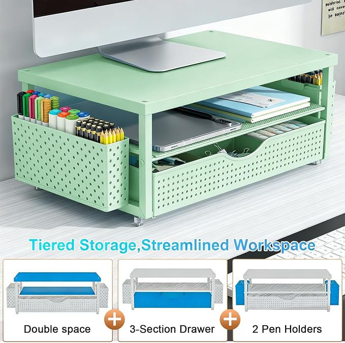 gianotter Desk Organizers and Accessories, Monitor Stand with Drawer and 2 Pen Holder, Desktop Organizer Suitable for Offices and Dormitories (Sage Green-Plain)