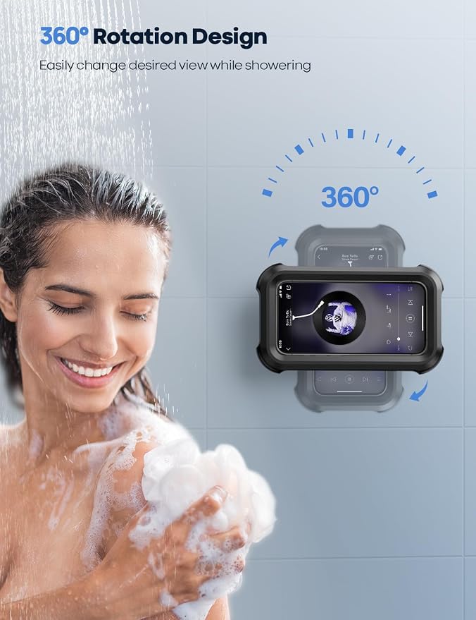 Lamicall Waterproof Shower Phone Holder, Bathroom Accessories for iPhone | Rotatable, Fog-Resistant, Shower Wall Mount Stand for iPhone, Christmas Gift Gadget for 4-7" Phone, Unisex Black