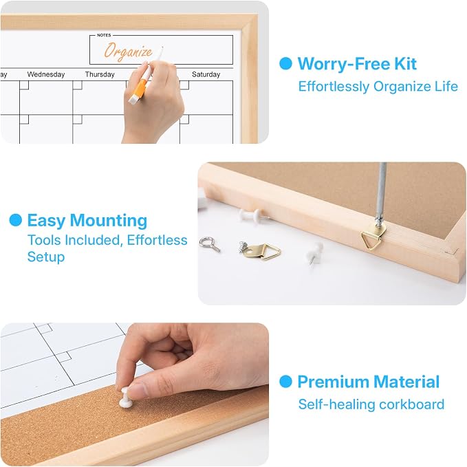 OWLKELA Monthly Dry Erase Calendar, 17 x 13 inch, Wood Frame | Magnetic Bulletin Whiteboard, with Cork Board, Ideal for Office, Home and School