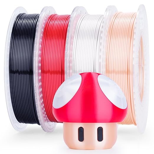 AMOLEN Silk PLA 3D Printer Filament 1.75mm 200g x 4 Spools Bundle, Exclusive Skin/Red/Black/White High Gloss Metallic PLA for Anime Classic Game Hero, Dimensional Accuracy +/- 0.02mm