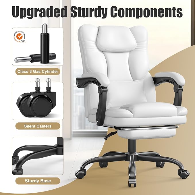 Ergonomic Office Chair with Foot Rest, 300 lbs Executive Leather Desk Chair | 90°-155° Reclining Computer Chair with Lumbar Support and Armrests, Adjustable Height Swivel Chair for Home Office Desk White
