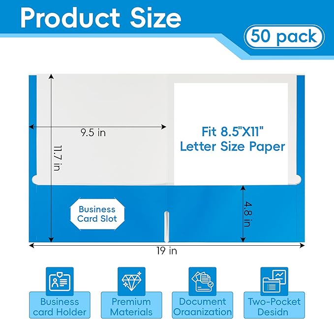 50 Packs Blue Two Pocket Folders,File Folder Letter Size,8.5x11Inches File Folders for Office,School and Home,Organizer File Folder