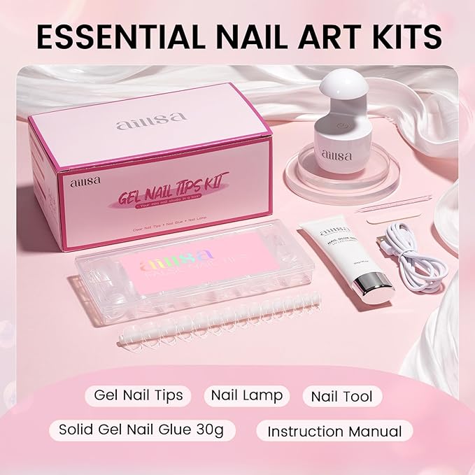 AILLSA Gel Nail Extension Kit Short Almond Nail Tips 120pcs, Solid Gel Nail Glue with U V Lamp for DIY
