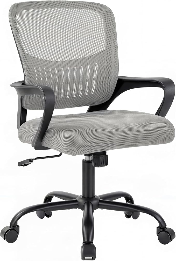 DUMOS Home Office Chair, Ergonomic Lumbar Support Desk Chair | Mid Back Mesh, Height Adjustable Fixed Armrest, Rocking Mode 360 Swivel, Conference Computer, Grey