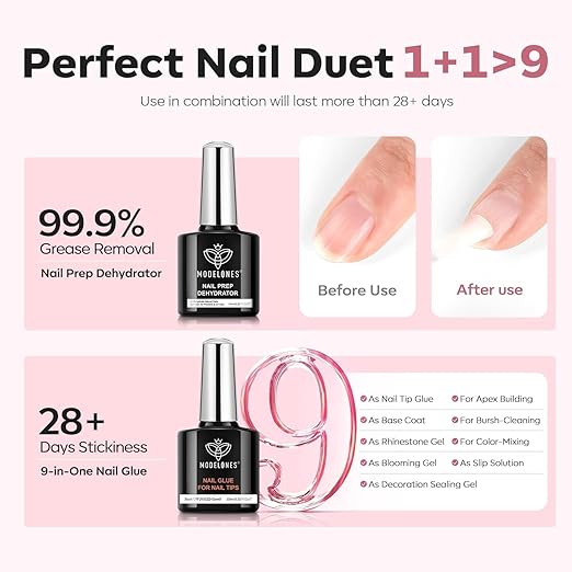 modelonesX Nail Gel Kit,15Sizes Pre-shaped Gel Nail Tips Short Almond Shape, 9-in-One Glue Prep Dehydrator & Portable Led Lamp, 510Pcs Press On Extension Kit Gift for Women