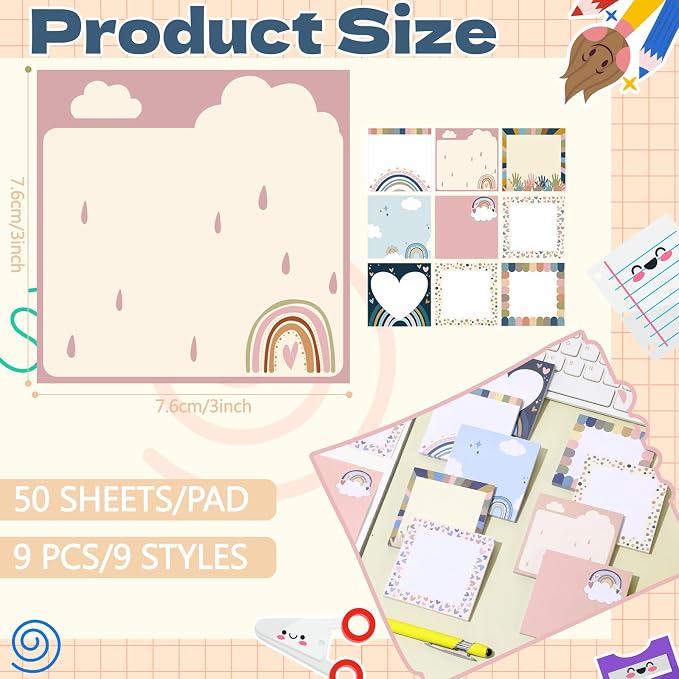 9 Pads Boho Sticky Notes, 3x3 Inch Cute Stick Notepads | Adhesive Memo Notes Pad, Coworker Gifts, Office Supplies Decor, Desk Accessories for Students, Teacher, Meeting