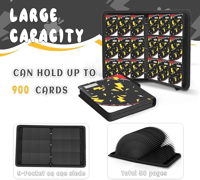 Trading Card Binder 9 Pocket,Card Binder 900 Pockets,Card Book Holder Cards with 50 Removable Sleeves,3-Ring Zip Design MTG/TCG/Sport Collectible Trading Card Albums Gifts for Boys and Girls (Black)
