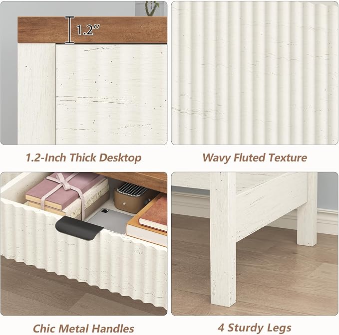 39 Inch Small Fluted Computer Desk with 2 Drawers for Bedroom, Home Office | Small Computer Desk with Storage, Compact Writing Study Desk for Small Spaces, Brown & White