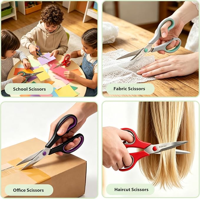 Scissors All Purpose Heavy Duty 12Pack, RUKIFAY 8"Scissor for Office School | Sharp Shears Bulk Set for Home Craft Fabric Sewing Supplies Middle Student Classroom Teacher Comfort Grip Right/Left Handed