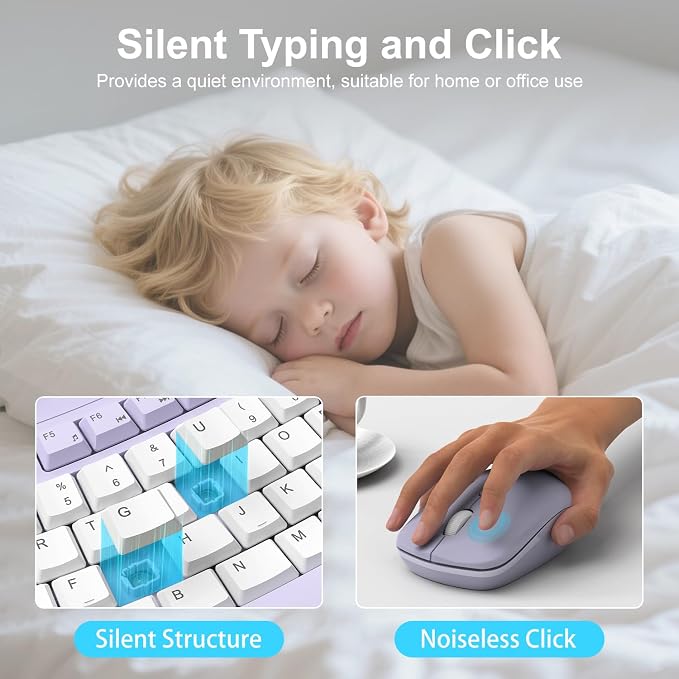 Wireless Keyboard and Mouse Combo, 2.4G Quiet Ergonomic Curved Keys (Purple-B)