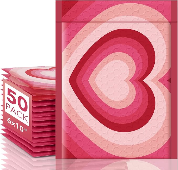 Metronic Cute Bubble Mailers 6x10 Inch 50 Pack Padded Envelopes Sweet Heart | Usable Size 6x9" Bubble Mailer Self Seal Waterproof Padded Mailing Envelopes for Shipping Gift, Jewelry, Makeup, Small Items