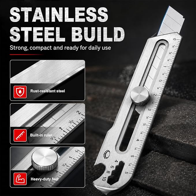 BECOWIN 18mm Snap Off Utility Knife, Stainless Steel Heavy Duty Box Cutter | 7-in-1 Multi-Function Metal Utility Knife with Ruler, Bottle Opener, 10 Extra Blades for DIY, Garage, Workshop, Daily Cutting
