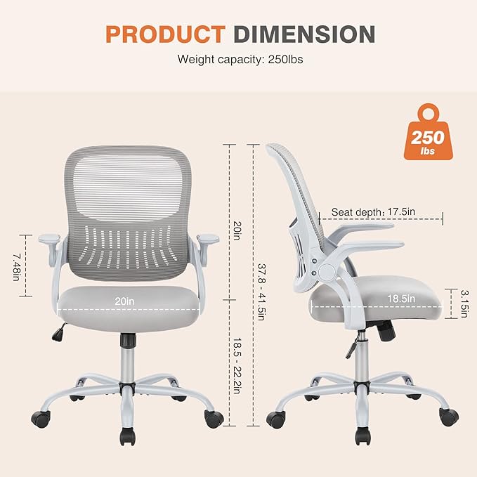 Sweetcrispy Home Office Chair, Mesh Office Chair, Lumbar Support, Grey | Adjustable Height, 360° Swivel Wheels, Mid-Back, Comfy Flip-up Arms for Small Space, Study, Managerial Executive, Grey