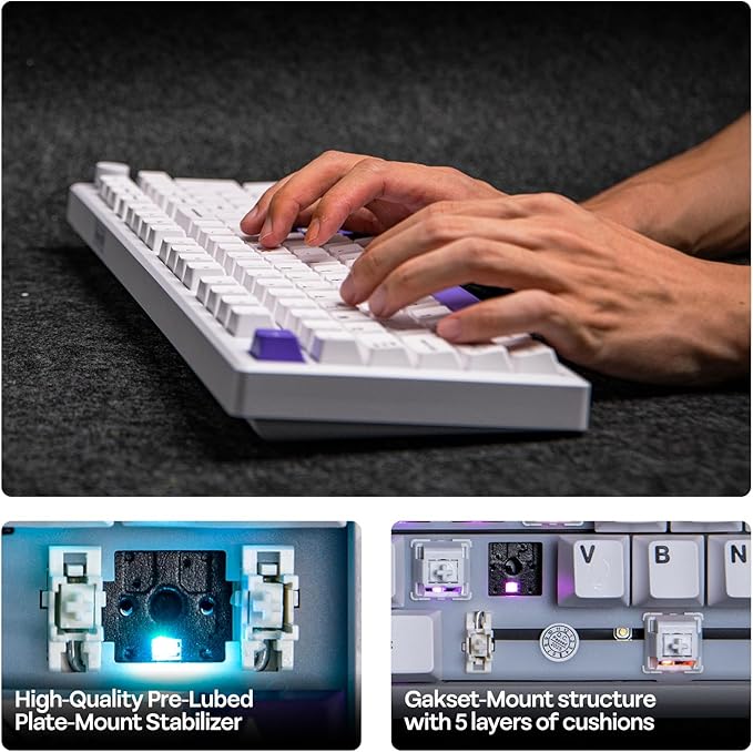 EPOMAKER Galaxy100 QMK/VIA Wireless Gaming Keyboard, Aluminum Shell, BT/2.4Ghz/USB-C, Pre-Lubed Hot-Swappable Linear Switches, NKRO, RGB Backlit (White Purple, Marble White Switch)