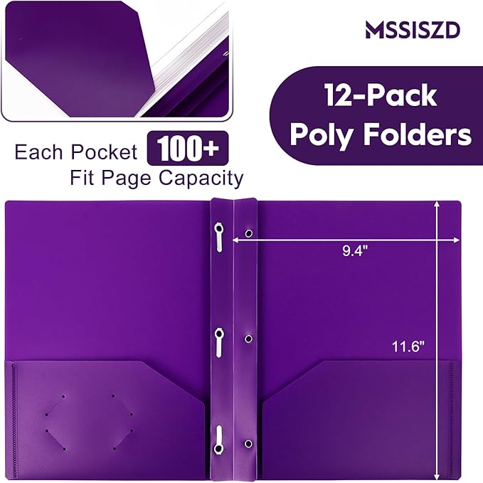 24-Pack Plastic Folders with Pockets and Prongs,2-Pocket Folders with 3 Fasteners, Holds 8-1/2" x 11" Paper for School/Office/Home, Purple