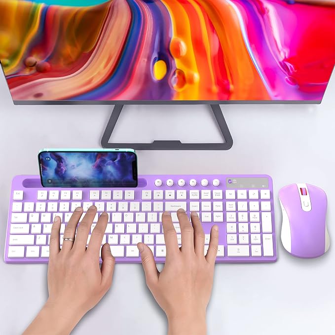 Wireless Keyboard and Mouse Combo, MARVO 2.4G Ergonomic Wireless Computer Keyboard with Phone Tablet Holder, Silent Mouse with 6 Button, Compatible with MacBook, Windows (Purple)