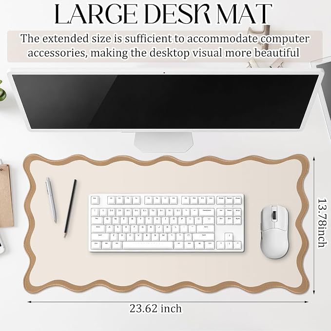 Hahafelt Scalloped Desk Mat Waterproof,Beige,23.6 X 13.8 Inches | Coquette Preppy Style for School Office Makeup Vanity, Nonslip Gaming Desktop Protector with Scalloped Stitched Edge Mat