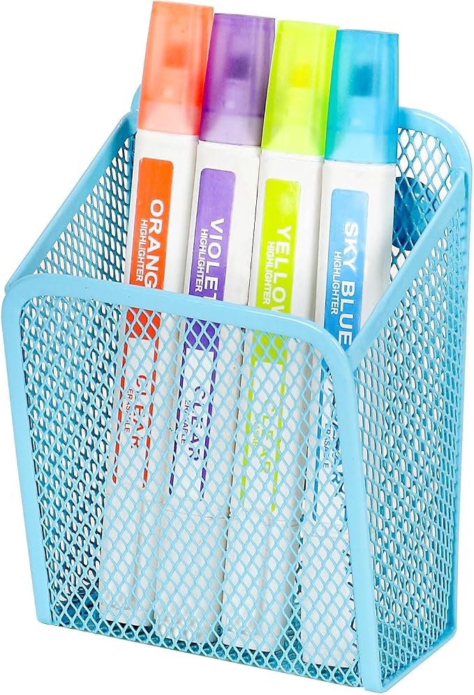UCYCAZ Magnetic Pen Holder,Single Magnetic Pencil Locker Holder Organizer | Strong Magnets Mesh Marker Holder,Locker Accessories,Writing Storage Organizer,Pen Basket for Whiteboard,Refrigerator (Blue)