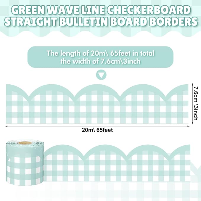 Zonon 65ft Light Green Gingham Bulletin Board Border Pastel Scalloped Bulletin Board Trim Back to School Classrooms Decoration for Party Whiteboard, Walls, Desks, Windows, Doors, Lockers