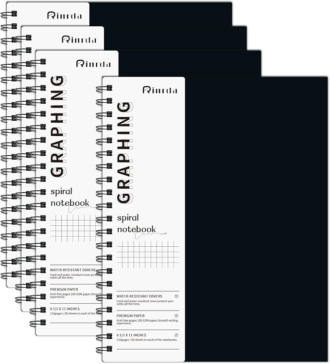 Graph Paper Notebook Spiral Notebook 8.5" x 11"-4 Pack Grid Paper Notebook Graph notebook Engineering notebook 120 Pages 100 GSM Thick Graphing Paper Notebook Hardcover Journal for School, | 4 Pack Grid Paper Notebook Graph notebook Engineering noteboo...