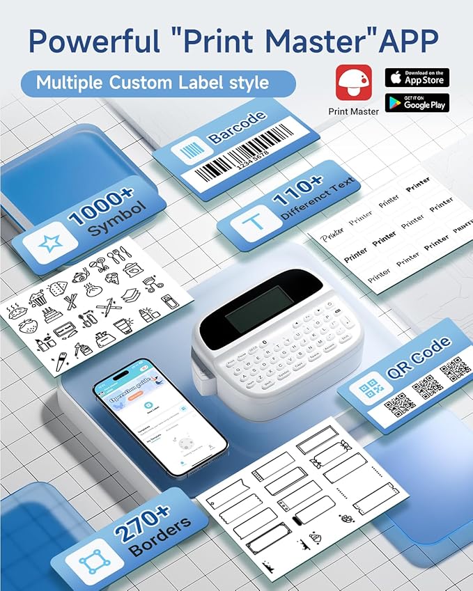 Memoqueen Label Maker, Label Maker Waterproof-Labels,Rechargeable Bluetooth Labeler with Backlit LCD, Multi-Symbol Icon Style Template Desktop Label Machine Widely Used in Office, Home,School