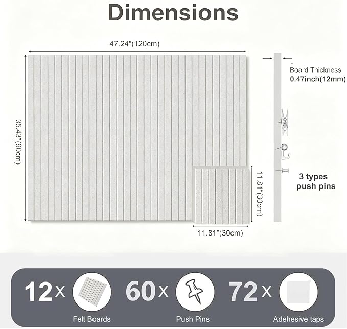 0.47" Thick Felt Pin Board 48"x36" Large Cork Board Alternative 12 Pack 11.81"x11.81"Felt Bulletin Board Wall Tiles Notice Board with 60 Pushpins for Home Office School(Fine-Light Camel)