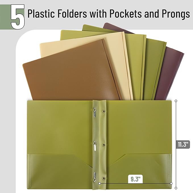 Mr. Pen- Plastic Folders with Pockets and Prongs, 5 Pack, Letter Size, Dark Earthy Colors, Flexible Plastic Folders with Prongs