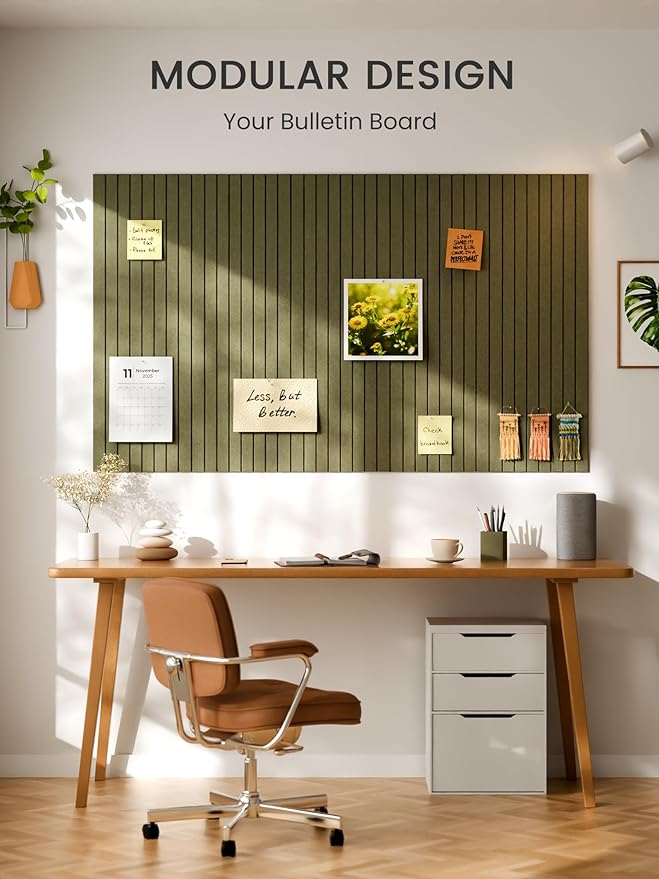 Bumusty Large Cork Board Alternative-48 x 36" Felt Bulletin Board Tiles, with 30 Pushpins, 70 Adhesive Tabs, 12-Pack Slat Wall Paneling, Cork Boards for Office Push Pin Board Felt Board-Olive Green