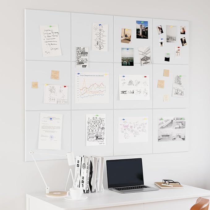 Large Cork Board for Wall, 48" x 36" Bulletin Board with Pushpins, 12 Panels Felt Tiles Tack Push Pin Board for Office, White