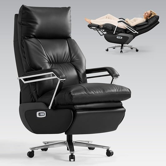 M80A Dual Motor Electric Executive Office Chair with Footrest, Comfortable Reclining Office Chair Wide Seat, Big and Tall Ergonomic Leather Home Office Desk Chair (Black,Multi-Functionality)